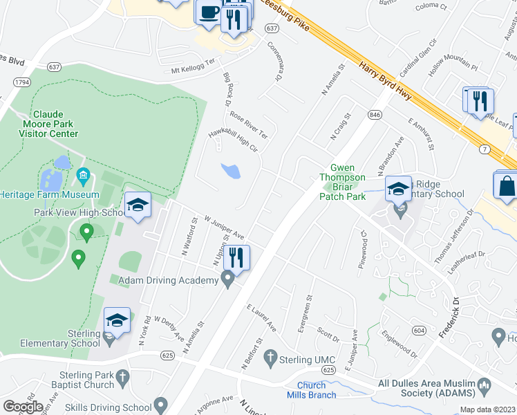 map of restaurants, bars, coffee shops, grocery stores, and more near 1103 North Amelia Street in Sterling