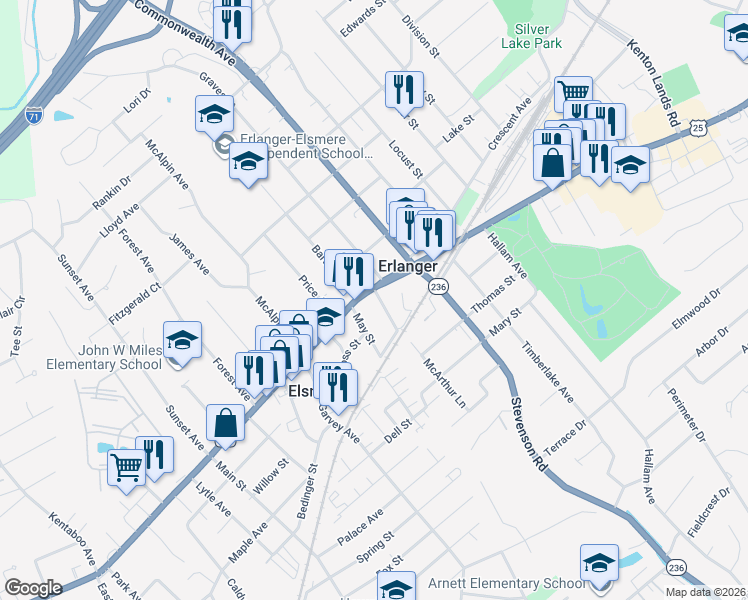 map of restaurants, bars, coffee shops, grocery stores, and more near 39 Erlanger Street in Elsmere