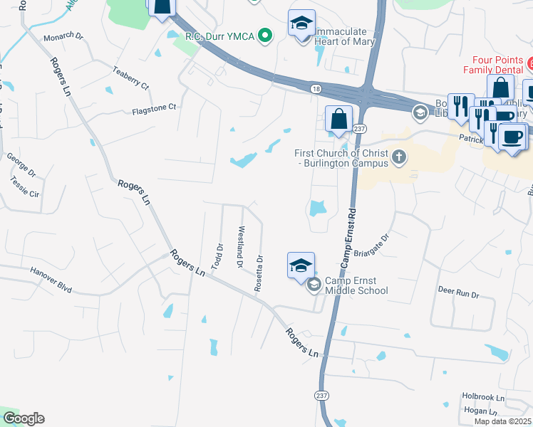 map of restaurants, bars, coffee shops, grocery stores, and more near 6500 Rosetta Drive in Burlington