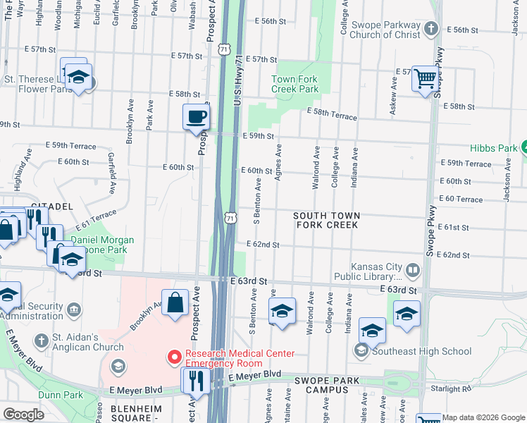 map of restaurants, bars, coffee shops, grocery stores, and more near 6111 South Benton Avenue in Kansas City