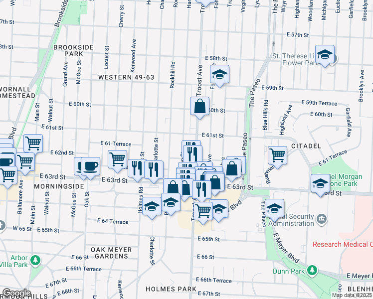 map of restaurants, bars, coffee shops, grocery stores, and more near 6130 Troost Avenue in Kansas City