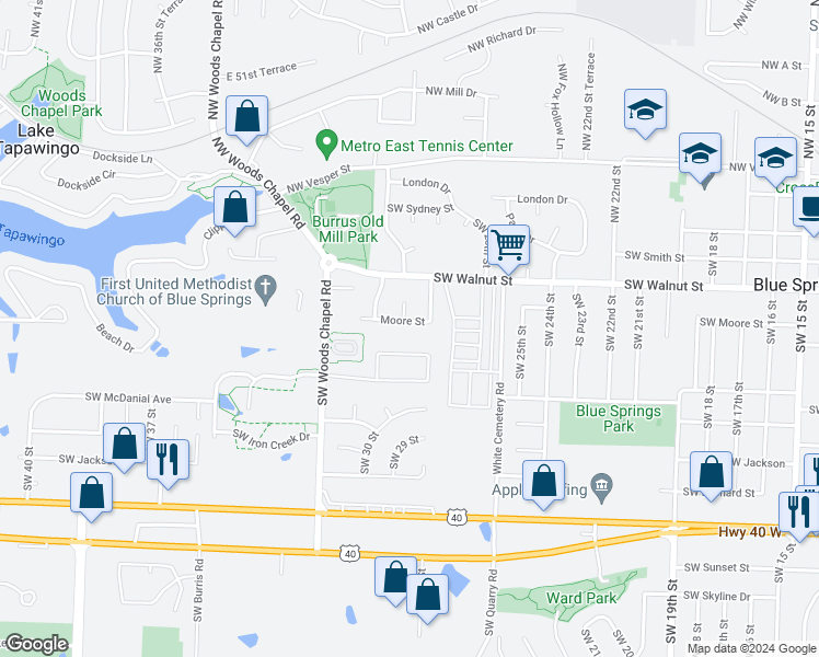 map of restaurants, bars, coffee shops, grocery stores, and more near 2916 Southwest Moore Street in Blue Springs