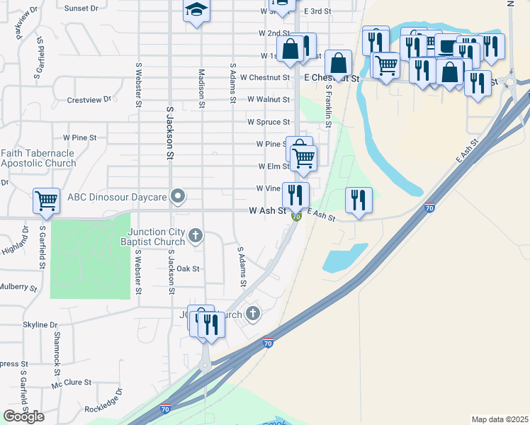 map of restaurants, bars, coffee shops, grocery stores, and more near 920 South Jefferson Street in Junction City