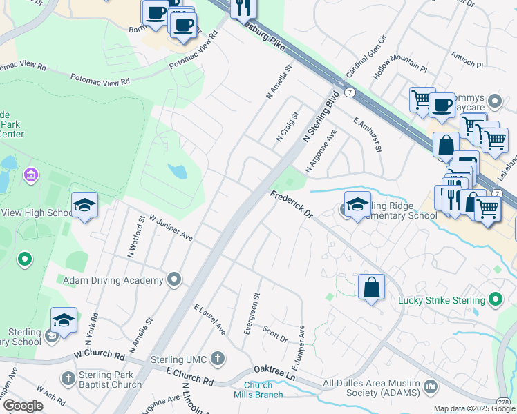 map of restaurants, bars, coffee shops, grocery stores, and more near 1304 North Sterling Boulevard in Sterling