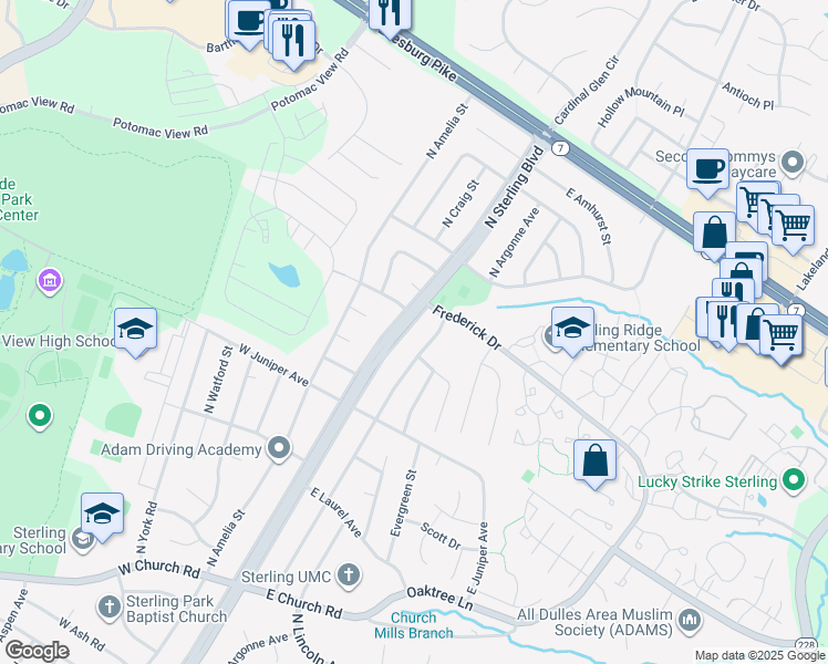 map of restaurants, bars, coffee shops, grocery stores, and more near 1304 North Sterling Boulevard in Sterling