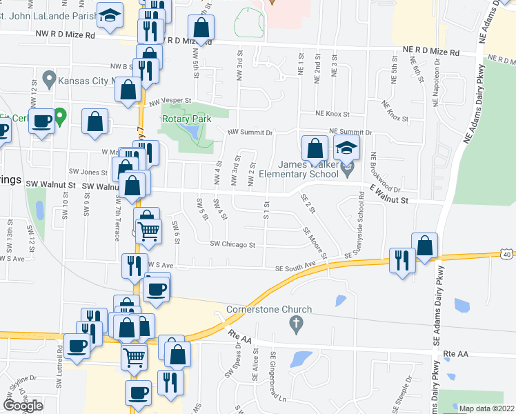 map of restaurants, bars, coffee shops, grocery stores, and more near 105 Southwest Moore Street in Blue Springs