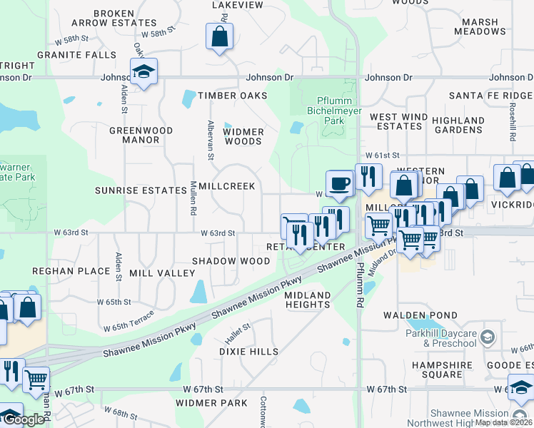 map of restaurants, bars, coffee shops, grocery stores, and more near 6226 Widmer Road in Shawnee