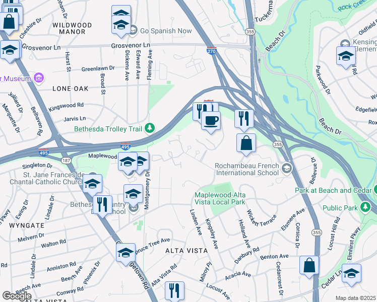 map of restaurants, bars, coffee shops, grocery stores, and more near 5333 Pooks Hill Road in Bethesda