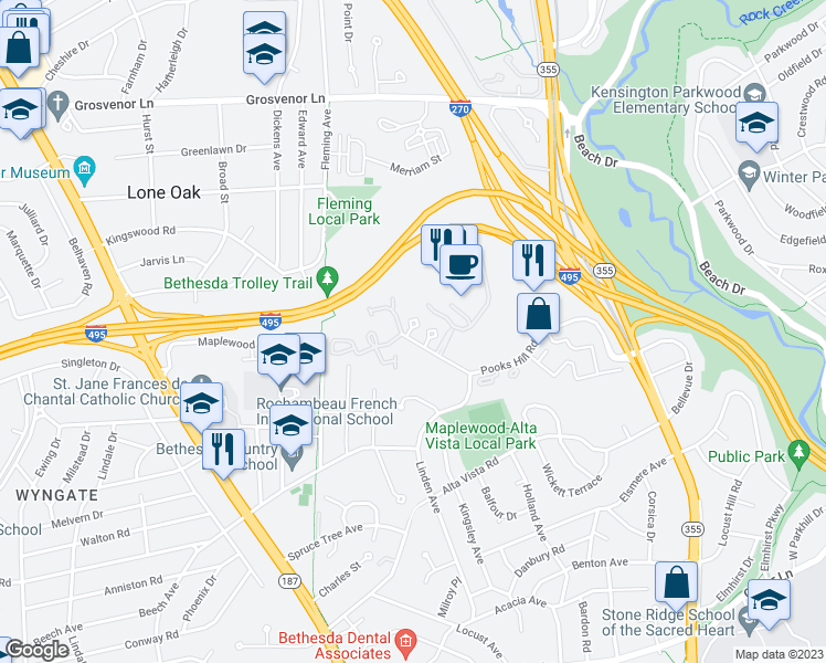 map of restaurants, bars, coffee shops, grocery stores, and more near 5333 Pooks Hill Road in Bethesda