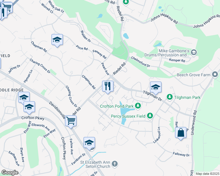 map of restaurants, bars, coffee shops, grocery stores, and more near 2222 Notely Lane in Crofton