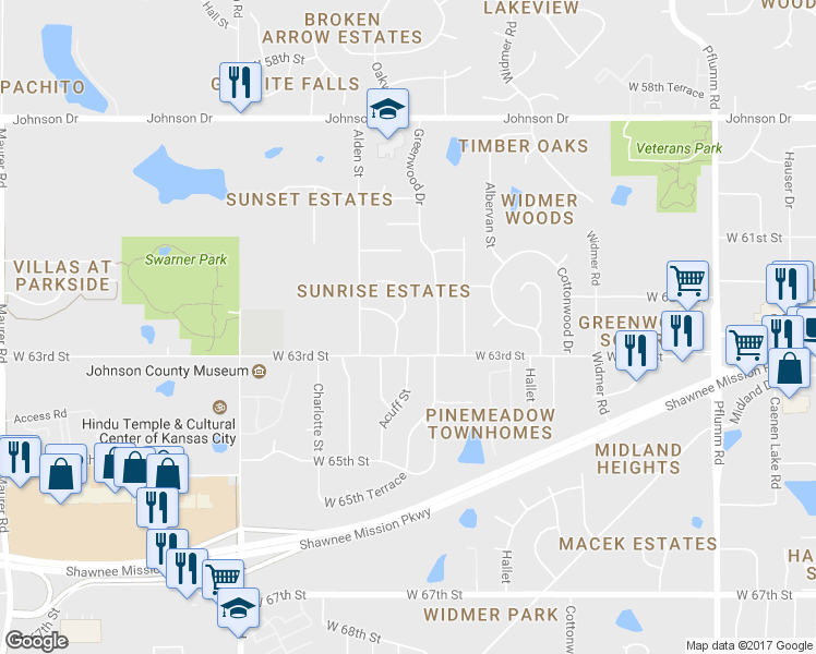 map of restaurants, bars, coffee shops, grocery stores, and more near 6223 Acuff Street in Shawnee