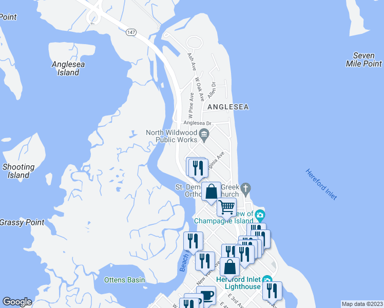 map of restaurants, bars, coffee shops, grocery stores, and more near 538 Mulberry Avenue in North Wildwood