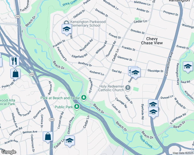 map of restaurants, bars, coffee shops, grocery stores, and more near 4507 Delmont Lane in Bethesda