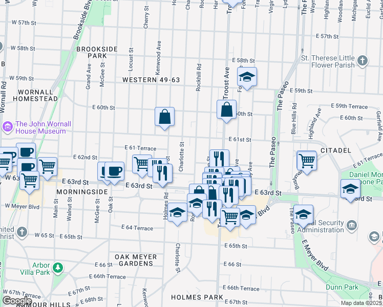 map of restaurants, bars, coffee shops, grocery stores, and more near 6201 Rockhill Road in Kansas City