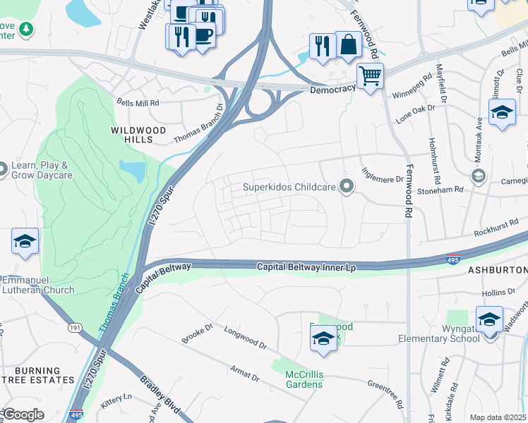 map of restaurants, bars, coffee shops, grocery stores, and more near 7115 Greentree Road in Bethesda