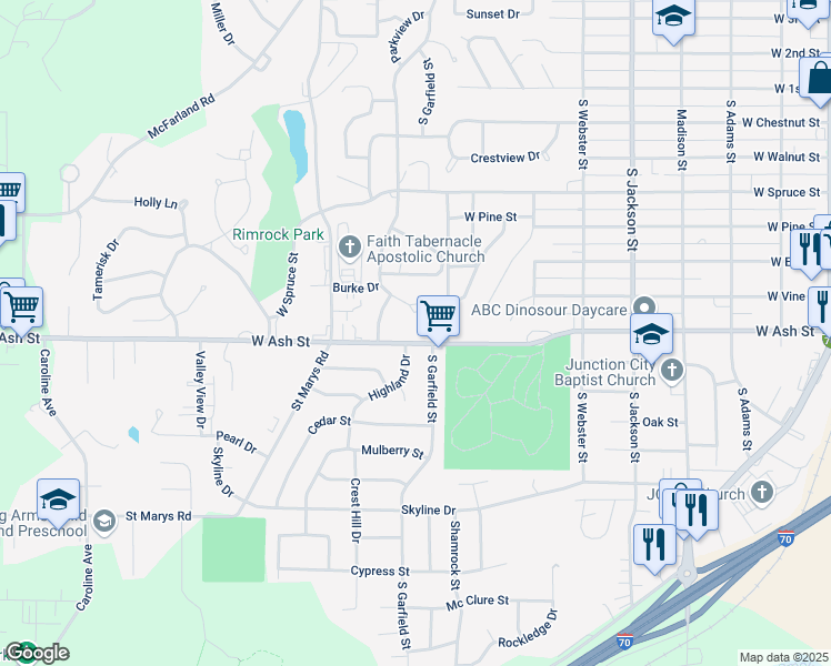 map of restaurants, bars, coffee shops, grocery stores, and more near 902 Highland Drive in Junction City