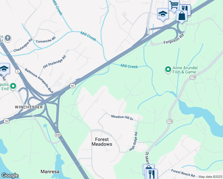 map of restaurants, bars, coffee shops, grocery stores, and more near 217 Mount Oak Place in Annapolis