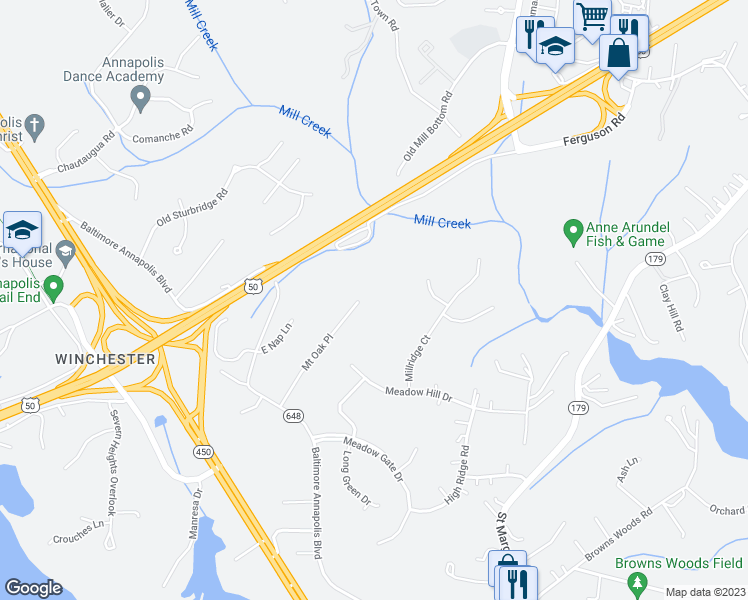 map of restaurants, bars, coffee shops, grocery stores, and more near 217 Mount Oak Place in Annapolis