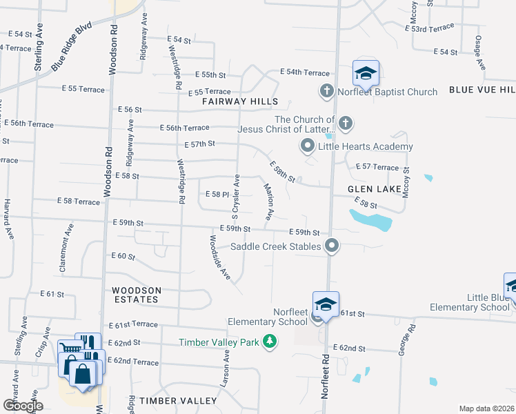 map of restaurants, bars, coffee shops, grocery stores, and more near 12413 East 58 Terrace in Kansas City