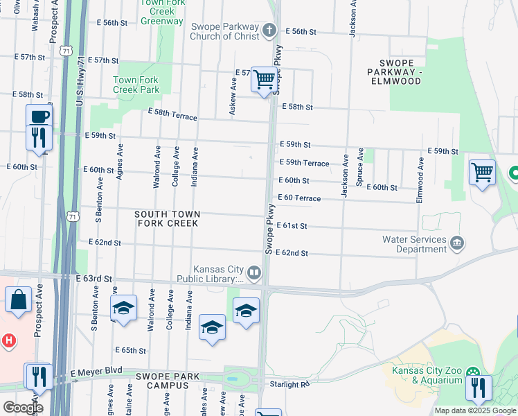 map of restaurants, bars, coffee shops, grocery stores, and more near in Kansas City