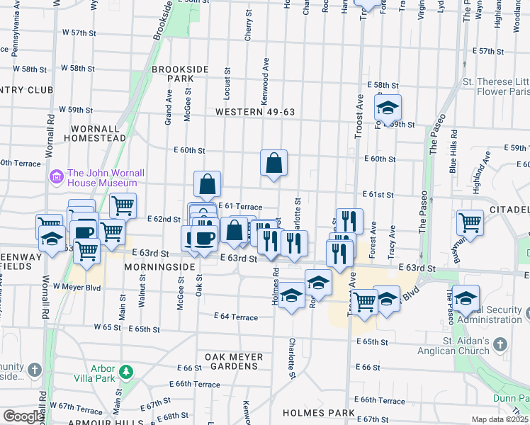 map of restaurants, bars, coffee shops, grocery stores, and more near 6150 Holmes Street in Kansas City