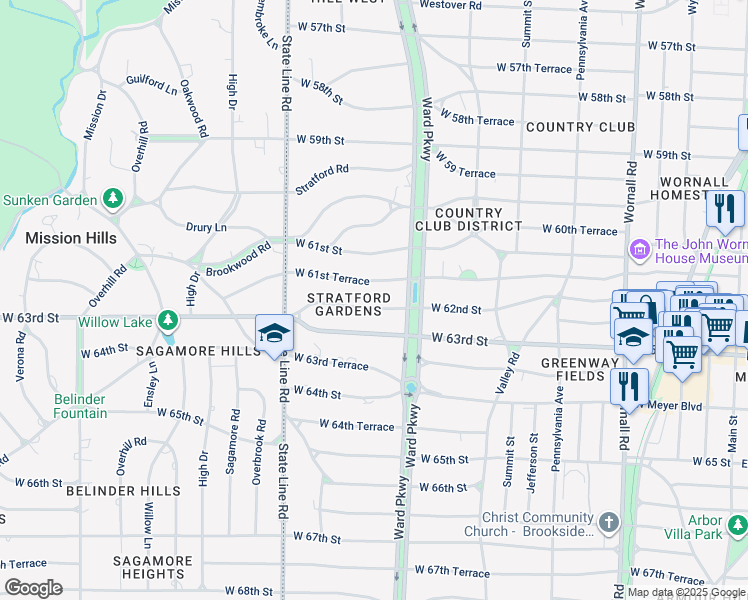 map of restaurants, bars, coffee shops, grocery stores, and more near 1205 West 62nd Street in Kansas City