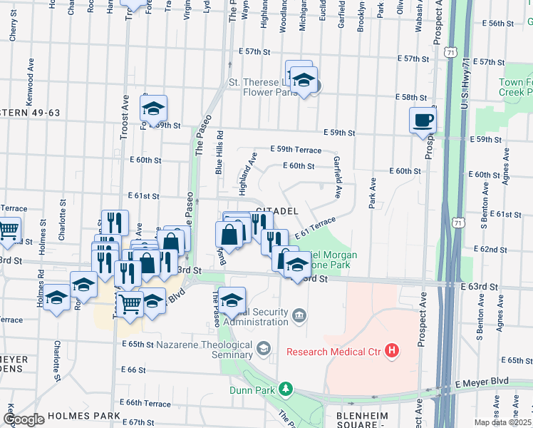 map of restaurants, bars, coffee shops, grocery stores, and more near Citadel Drive & Bushman Drive in Kansas City