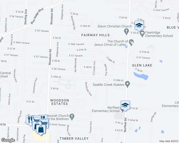 map of restaurants, bars, coffee shops, grocery stores, and more near 12212 East 58 Terrace in Kansas City