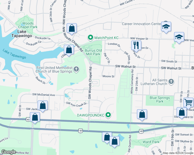 map of restaurants, bars, coffee shops, grocery stores, and more near 420 Southwest Woods Chapel Road in Blue Springs