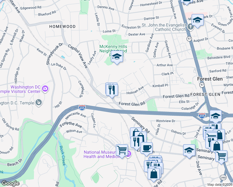 map of restaurants, bars, coffee shops, grocery stores, and more near 9730 Glen Avenue in Silver Spring