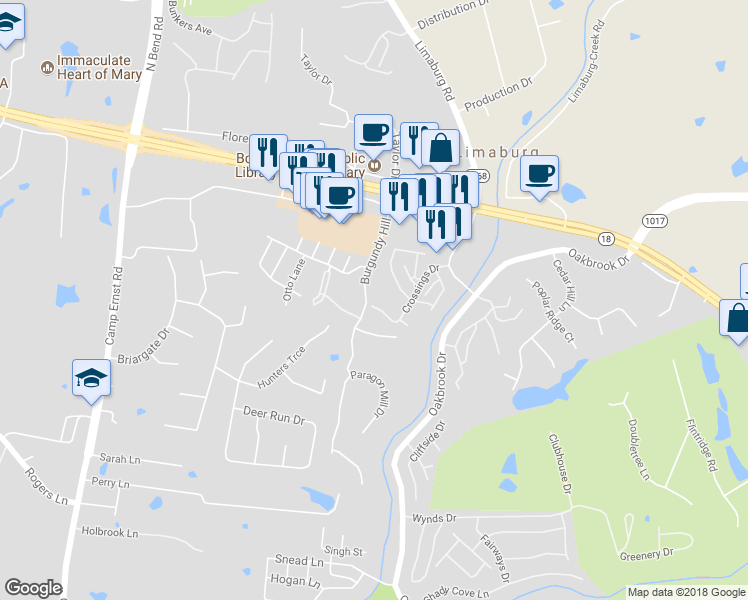 map of restaurants, bars, coffee shops, grocery stores, and more near 6325 Crossings Drive in Burlington