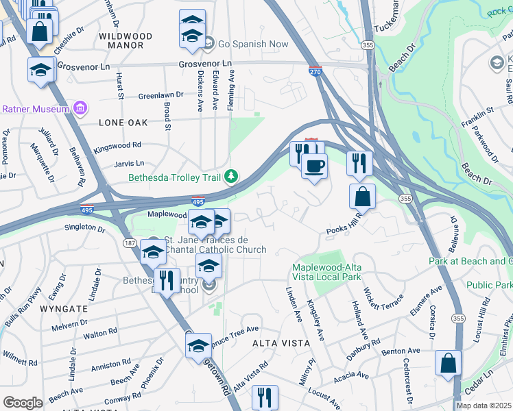 map of restaurants, bars, coffee shops, grocery stores, and more near 5450 Whitley Park Terrace in Bethesda