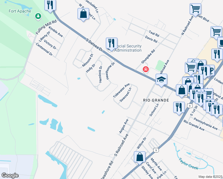 map of restaurants, bars, coffee shops, grocery stores, and more near 1401 Tidewater Avenue in Rio Grande