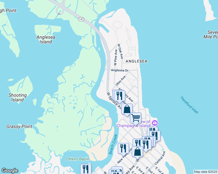 map of restaurants, bars, coffee shops, grocery stores, and more near 601 New Jersey 147 in North Wildwood
