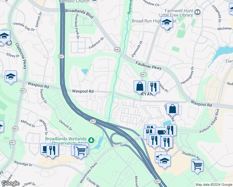 map of restaurants, bars, coffee shops, grocery stores, and more near 43542 Waxpool Road in Ashburn
