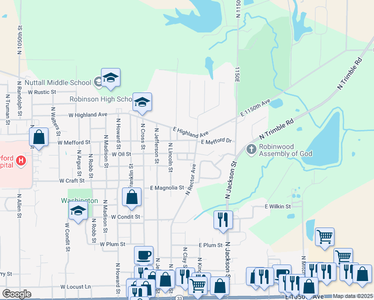 map of restaurants, bars, coffee shops, grocery stores, and more near 312 East Oil Street in Robinson