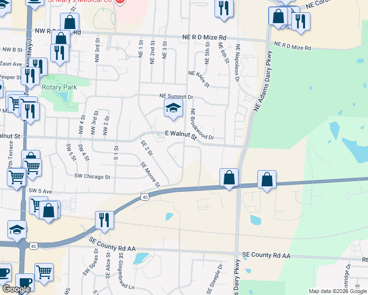 map of restaurants, bars, coffee shops, grocery stores, and more near 201 Southeast Sunnyside School Road in Blue Springs