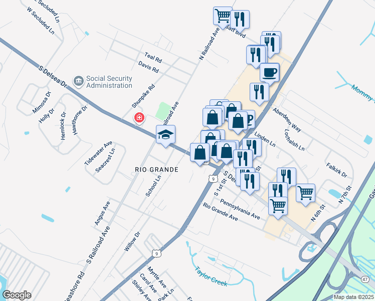 map of restaurants, bars, coffee shops, grocery stores, and more near 1112A New Jersey 47 in Rio Grande