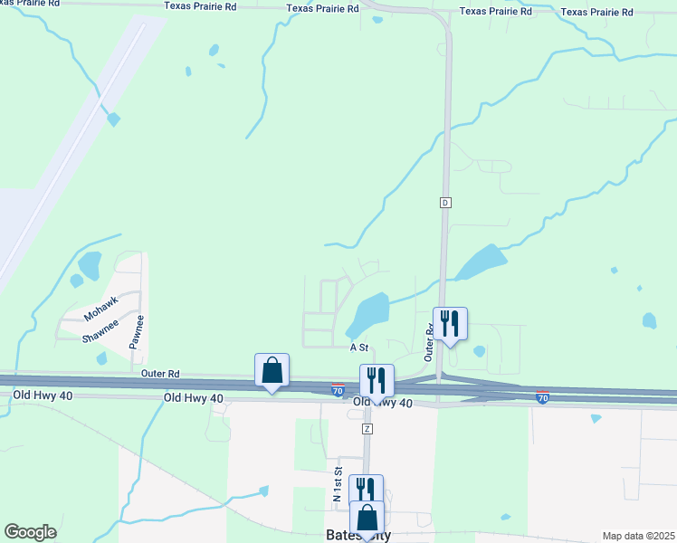map of restaurants, bars, coffee shops, grocery stores, and more near 2099 Outer Road in Bates City