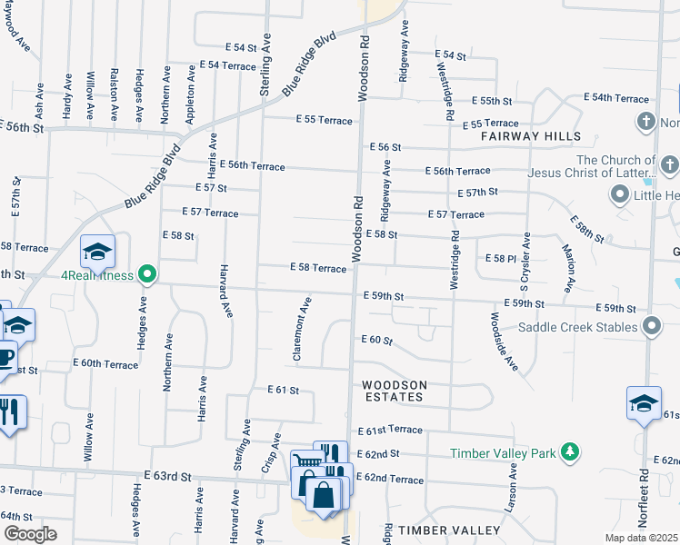 map of restaurants, bars, coffee shops, grocery stores, and more near 5804 Woodson Road in Raytown