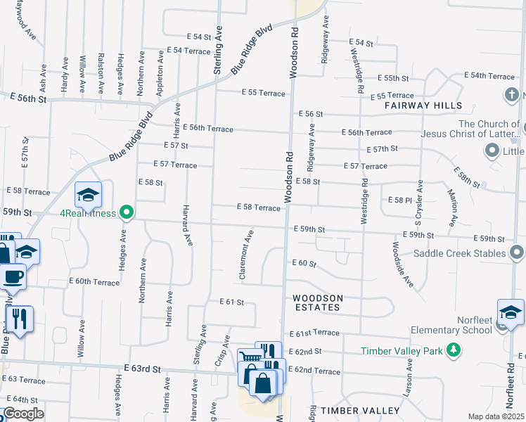 map of restaurants, bars, coffee shops, grocery stores, and more near 11413 East 58 Street in Raytown