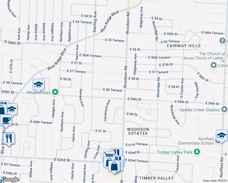 map of restaurants, bars, coffee shops, grocery stores, and more near 11413 East 58 Street in Raytown