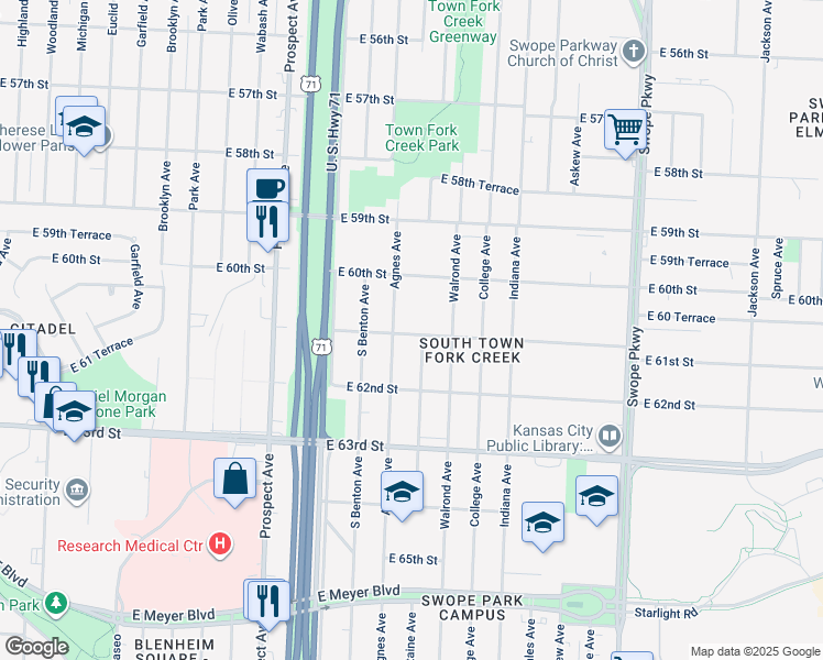 map of restaurants, bars, coffee shops, grocery stores, and more near 6029 Agnes Avenue in Kansas City