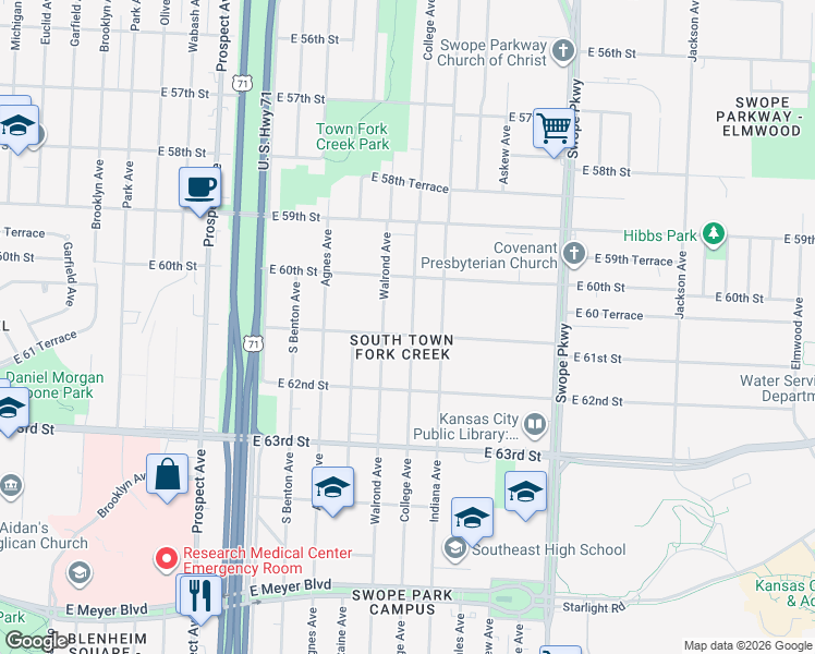map of restaurants, bars, coffee shops, grocery stores, and more near 6022 College Avenue in Kansas City