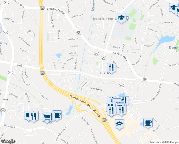map of restaurants, bars, coffee shops, grocery stores, and more near 21726 Kings Crossing Terrace in Ashburn