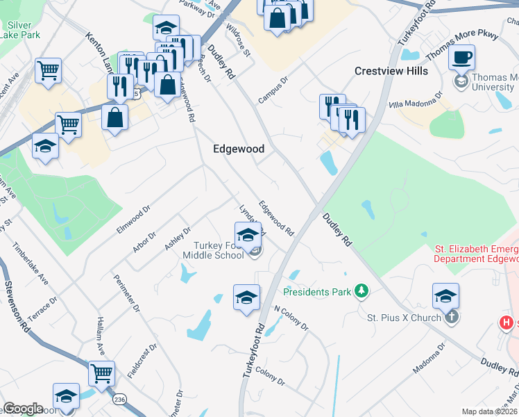 map of restaurants, bars, coffee shops, grocery stores, and more near 112 Edgewood Road in Edgewood