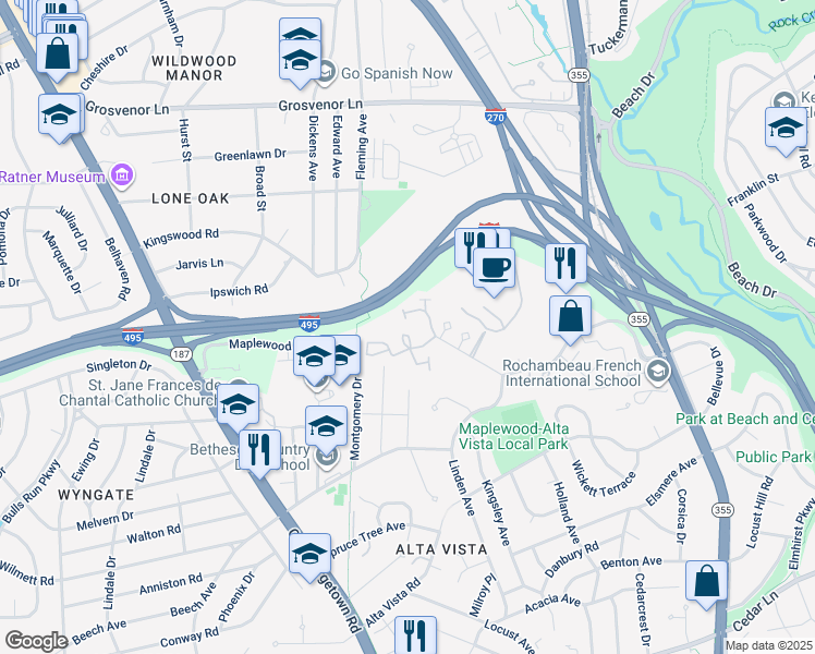 map of restaurants, bars, coffee shops, grocery stores, and more near 5450 Whitley Park Terrace in Bethesda