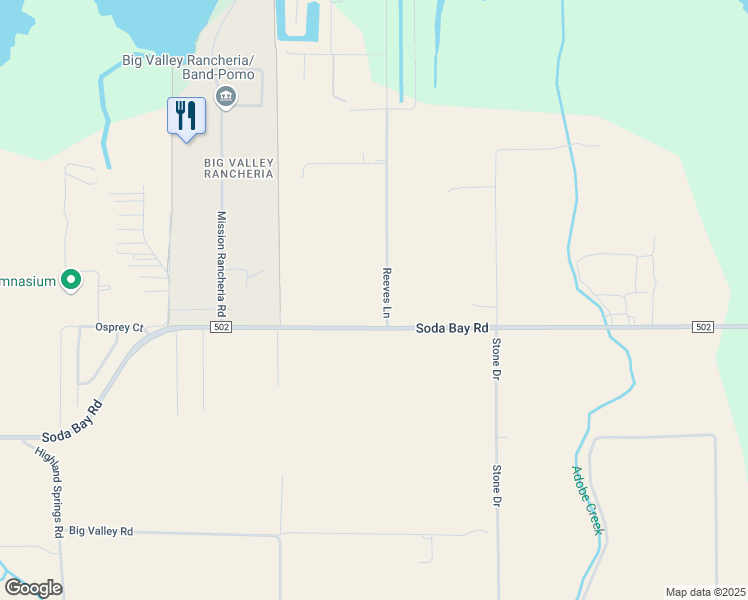 map of restaurants, bars, coffee shops, grocery stores, and more near 2945 Reeves Lane in Lakeport