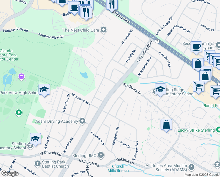 map of restaurants, bars, coffee shops, grocery stores, and more near 1301 North Sterling Boulevard in Sterling