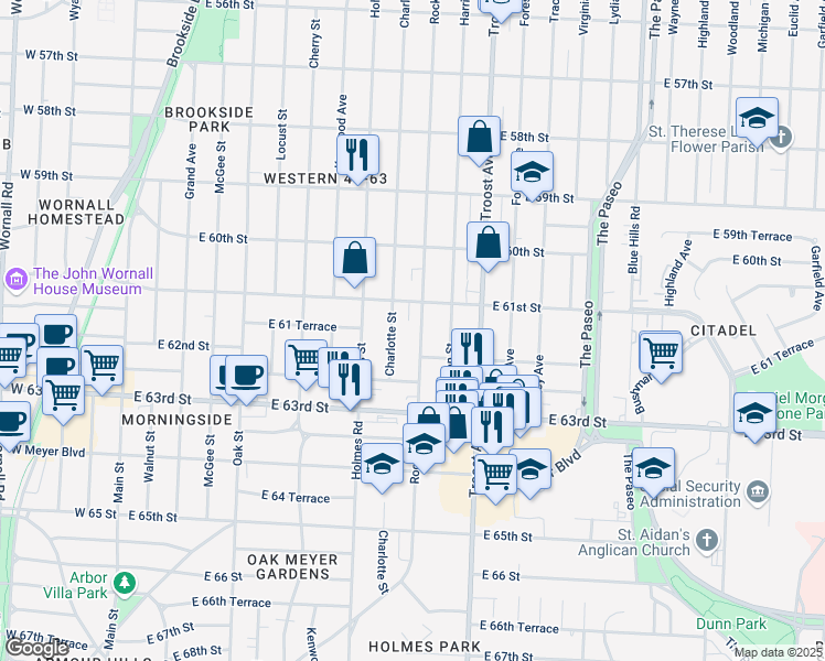 map of restaurants, bars, coffee shops, grocery stores, and more near 6101 Rockhill Road in Kansas City